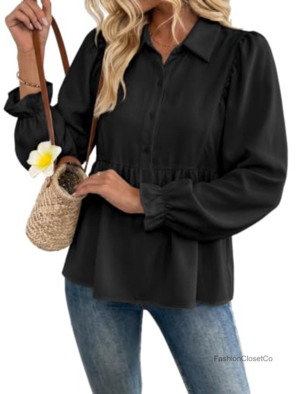 Women's Babydoll Peplum Blouse - Button Up Business Casual Shirt Long Sleeve